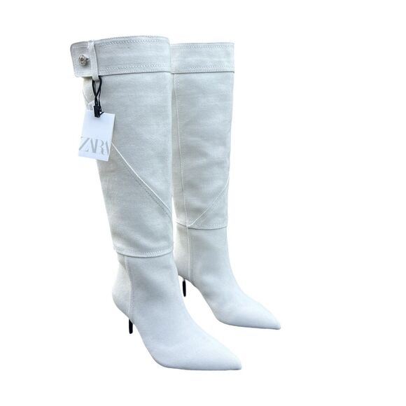 Zara Women Denim High Heel Knee High Pointed Toe Boots Beige Size EU 39 US 8
